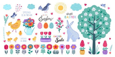 Set of Easter design elements. Hand drawn eggs, chicken, flowers, tulips, birds, rabbit and calligraphy on white background.