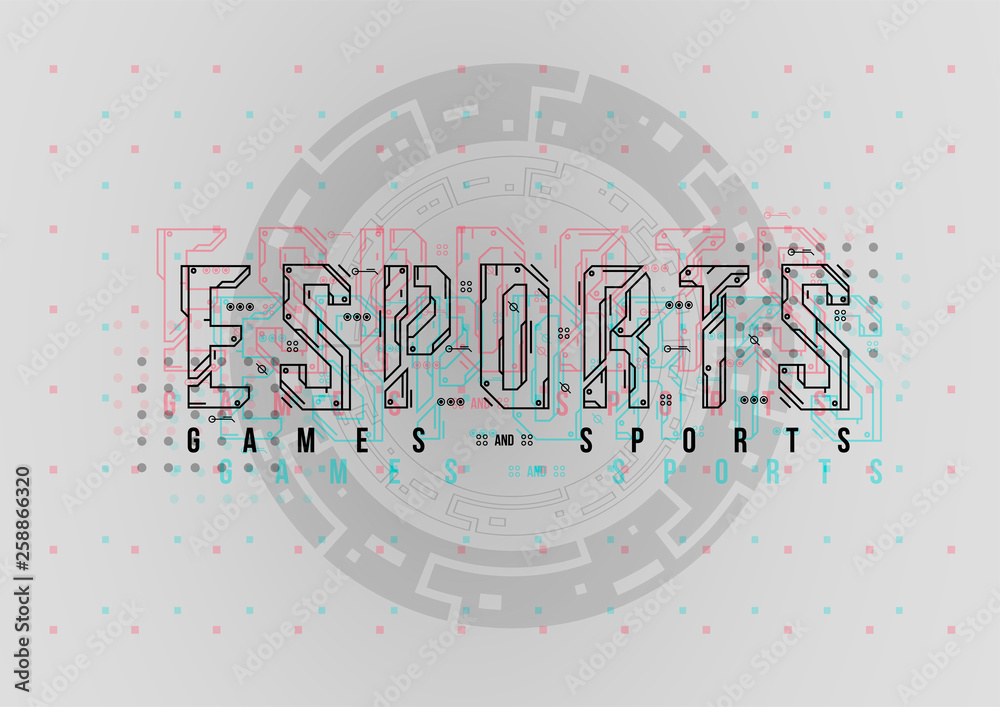 Poster Esports. Conceptual Layout with HUD elements for print and web. Lettering with futuristic user interface elements.