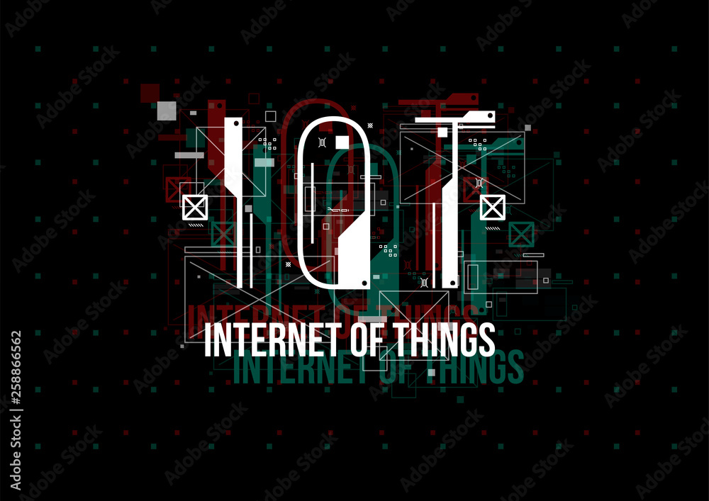 Poster IOT. Conceptual Layout with HUD elements for print and web. Lettering with futuristic user interface elements.