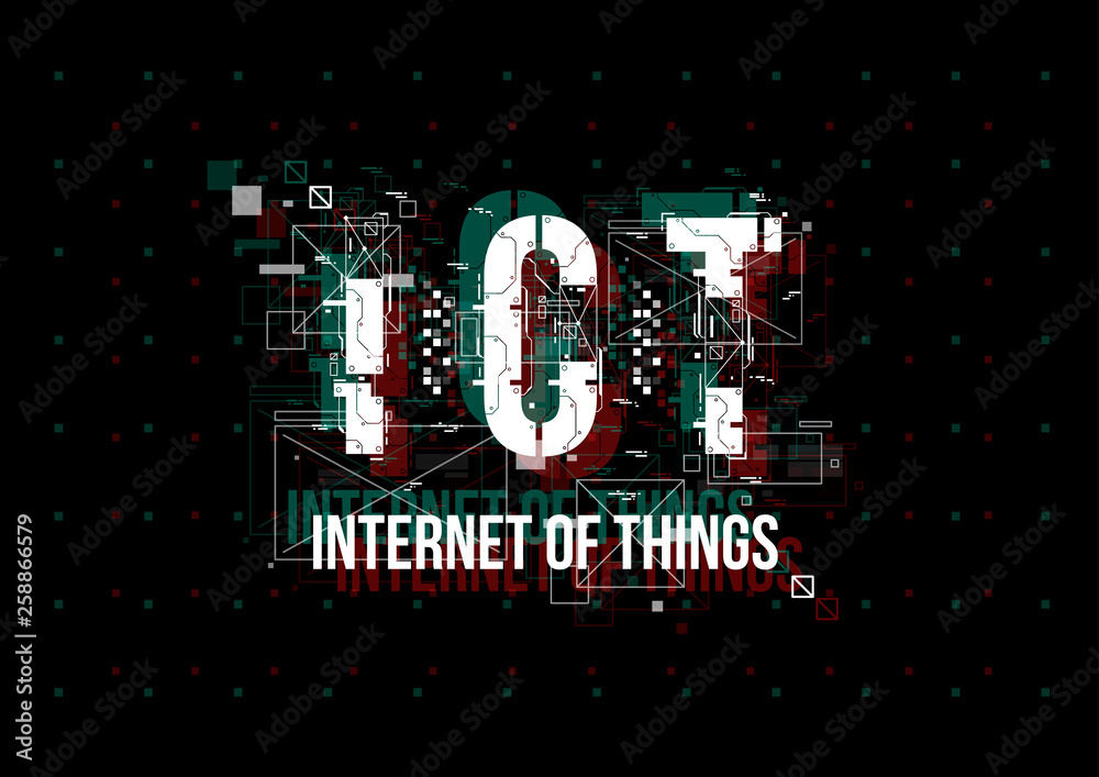 Poster IOT. Conceptual Layout with HUD elements for print and web. Lettering with futuristic user interface elements.