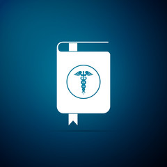 Medical book and Caduceus medical symbol icon isolated on blue background. Medical reference book, textbook, encyclopedia. Scientific literature. Flat design. Vector Illustration