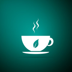 Cup of tea and leaf icon isolated on green background. Flat design. Vector Illustration