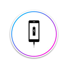 Smartphone battery charge icon isolated on white background. Phone with a low battery charge and with USB connection. Circle white button. Vector Illustration