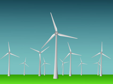 Many cool modern windmills vector to generate electricity from wind in open field and sky for renewable energy industry illustration