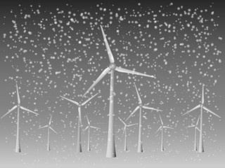 Many cool modern windmills vector to generate electricity from wind in snowy weather of winter season for renewable energy industry illustration