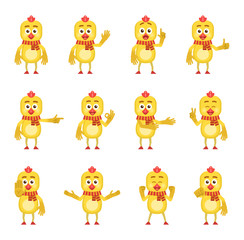 Set of cartoon chicken characters showing diverse hand gestures. Funny chicken pointing, greeting, showing thumb up, stop hand and other gestures. Simple vector illustration