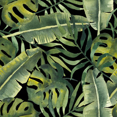 Tropic watercolor seamless pattern with green banana leaves, coconut palm leaves and monstera on black background