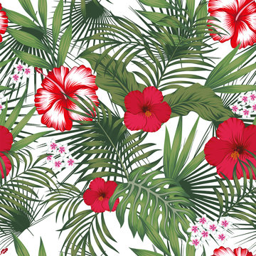 Tropical leaves and flowers seamless white background © berry2046
