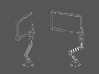 Robotic arm with futuristic monitor. Vector outline illustration.