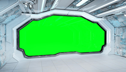 White blue spaceship futuristic interior mockup with window view 3d rendering © sdecoret