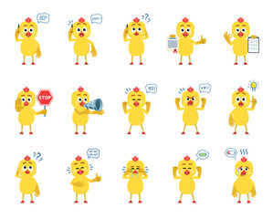 Set of cartoon chicken characters showing diverse actions, emotions. Funny chicken talking on phone, surprised, thinking, angry, holding document and doing other actions. Simple vector illustration