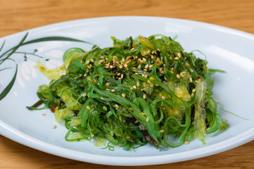 Gomawakame seaweed marinated in soya vinegar seasoned with sesame