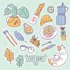 Cute vector illustration stickers set hygge 
