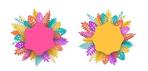 Spring summer or autumn banner with place for text colorful leaves, papercut