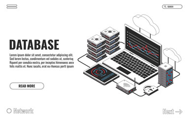 Database, big data, server room, cloud storage icon, information center, hosting services, datacenter and database. Vector illustration