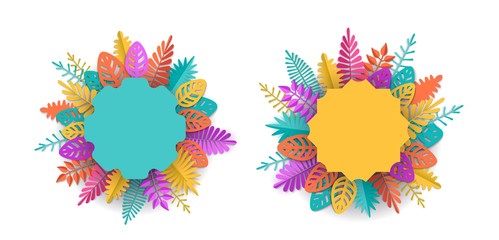 Spring, summer or autumn banner with a place for text surrounded by bright colorful leaves in the style of papercut, the design element can be used in the advertising of the offer, vector illustration