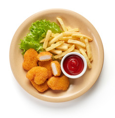 chicken nuggets with french fries in plate isolated on white background