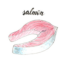 Salmon. Hand drawn watercolor salmon steak.Seafood and fish restaurant menu. Isolated raster illustration. 