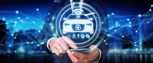 Businessman using modern smart car interface 3D rendering