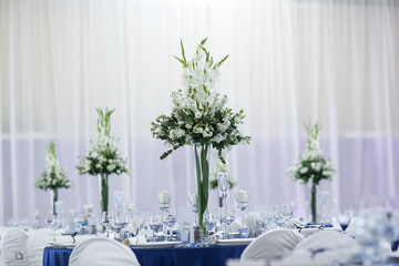 Beautifully wedding decoration in a restaurant, selective focus