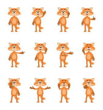 Set of cartoon fox characters showing different hand gestures. Cheerful fox showing thumb up, pointing, waving, greeting and other hand gestures. Simple vector illustration