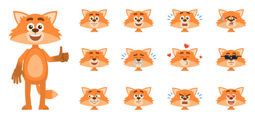 Set of cartoon fox emoticons, emojis. Fox avatars showing different facial expressions. Happy, sad, smile, laugh, cry, tired, surprised, in love and other emotions. Simple vector illustration