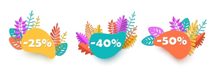 Obraz premium Summer spring autumn sale, Set of ad banners with discount 25 40 50 percent with bright colorful leaves in paper cut style, isolated on white background, special offer, advertising Season Sale design