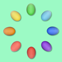 Set of colorful Easter eggs grouped in a circle isolated on green background.