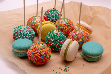 bright cake pops with macaroons