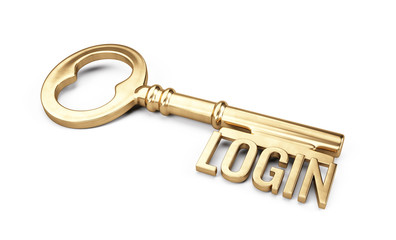 Golden login key isolated on white background. Login, password security concept - 3d rendering