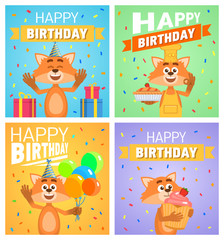 Set of different birthday posters. Birthday greeting card, placard. Cheerful cartoon fox character holding balloons, cake, pie, cupcake. Birthday celebration. Flat vector illustration