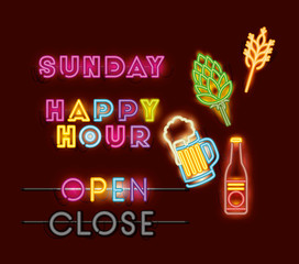 happy hour with bar set icons neon lights