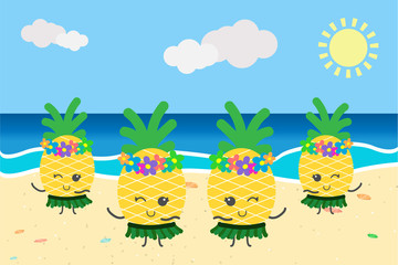 Cute pineapples dancing on the beach summer banner template.