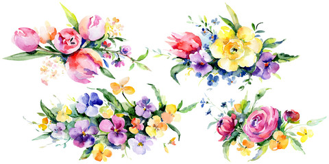 Bouquets floral botanical flowers. Watercolor background illustration set. Isolated bouquet illustration element.
