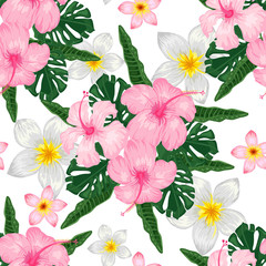 Seamless pattern with pink hibiscus and plumeria on white background
