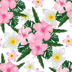  Seamless pattern with pink hibiscus and plumeria on white background © Ella
