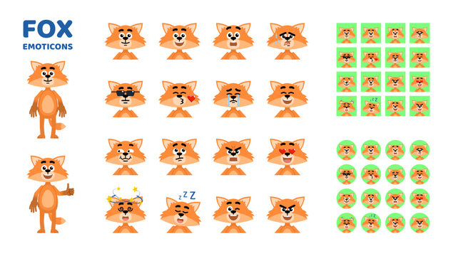 Set of cartoon fox emoticons. Funny fox avatars showing diverse facial expressions. Happy, sad, smile, laugh, surprised, tired, angry, dazed, thinking and other emotions. Simple vector illustration
