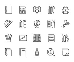 School supplies flat line icons set. Study tools - globe, calculator, book, pencil, scissors, ruler, notebook vector illustration. Thin signs for stationery sale. Pixel perfect 64x64. Editable Stroke