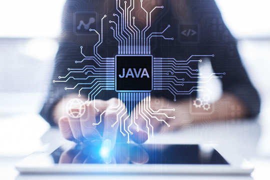 Java programming language application and web development concept on virtual screen.