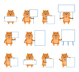 Set of cartoon hamster characters posing with various blank banners. Funny hamster holding paper, poster, placard, pointing to whiteboard. Teach, advertise. Flat style vector illustration