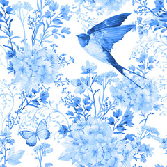 Seamless pattern for fabric in blue tones .Flying birds and flowers .watercolor illustration