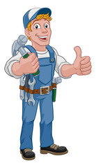 A handyman carpenter or builder cartoon man holding a hammer. Construction maintenance worker or DIY character mascot. Giving a thumbs up.