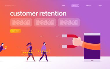 Vector web page concept design, customer retention theme. People give star rating positive feedback, human hand, magnet. Landing page mobile app site template. Business illustration. Inbound marketing