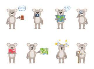 Set of cartoon koala characters posing in different situations. Cheerful koala holding mug of beer, map, photo camera, magnifier, reading a book, injured, feeling dizzy. Flat vector illustration © paper_owl