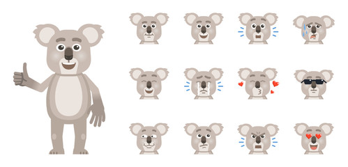 Set of koala emoticons. Koala avatars showing different facial expressions. Happy, sad, cry, surprised, laugh, tired, in love and other emotions. Flat style vector illustration