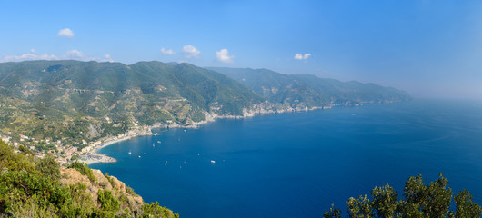 Fototapeta na wymiar Panorama view of beach in Monterosso al mare from Punta Mesco. Cinque Terre. Italy