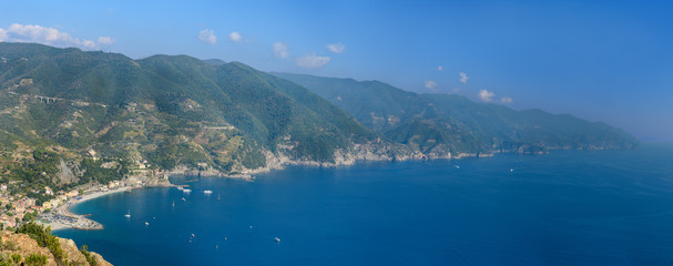Fototapeta na wymiar Panorama view of beach in Monterosso al mare from Punta Mesco. Cinque Terre. Italy