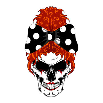 Female clown skull with red hair, bow and scar. Vector image on white background.