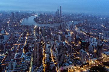 Fototapeta premium aerial view of East Nanjing Road, Shanghai, China. In dawn