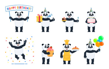 Set of panda characters posing in different situations. Cheerful panda celebrating birthday, holding birthday banner, cake, gift box, present, cupcake, pie, balloons, jumping. Flat vector illustration
